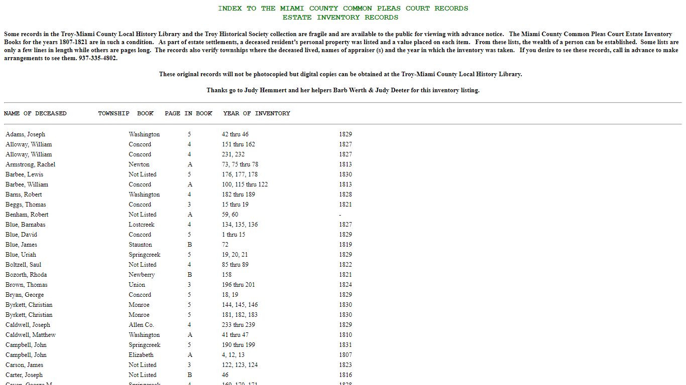 INDEX TO THE MIAMI COUNTY COMMON PLEAS COURT RECORDS ...